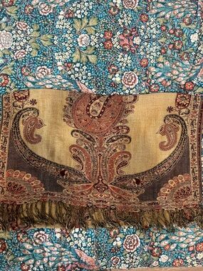 Vintage Paisley Fringed Shawl Scarf - Gold & Brown